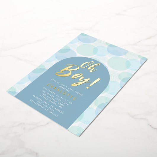 オ・ボーイ水玉模様ベビーシャワー 箔招待状 (回転した状態)