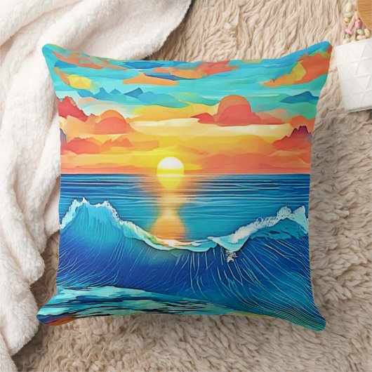 オcean Sunset Wave アート クッション (ブランケット)
