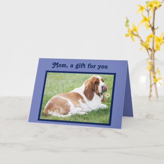 カおもしろいットバセットハウンド&ボーン付きマザーデイカード カード (黄色い花)