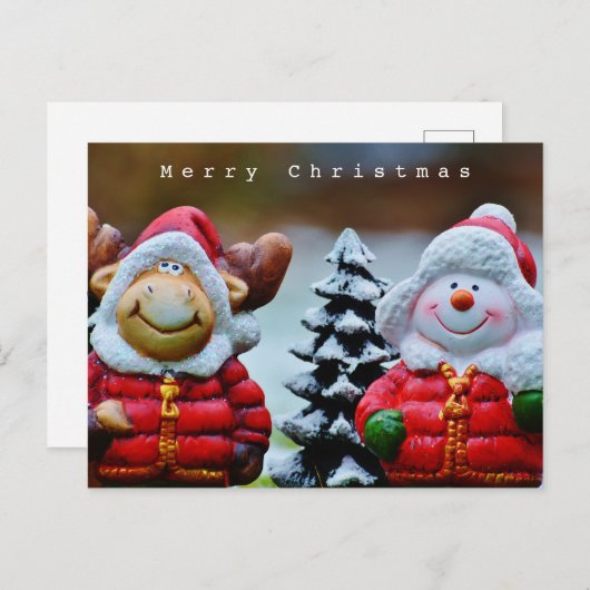 カおもしろいワイトムースと雪だるま ポストカード (正面/裏面)