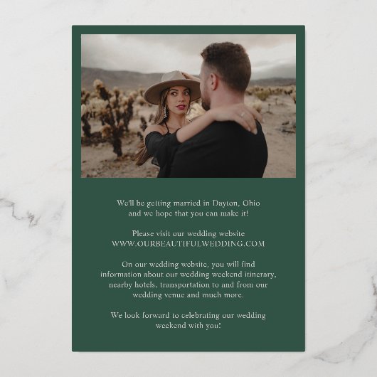 カイティンハンターグリーンエレガントな結婚式の日付を保存 箔招待状 (裏面)