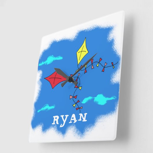 カイトイエローレッドスカイクラウドスケッチキッドの名前 スクエア壁時計 (傾斜)