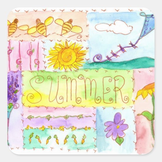 カイトフラワーハチ水彩夏 スクエアシール (正面)