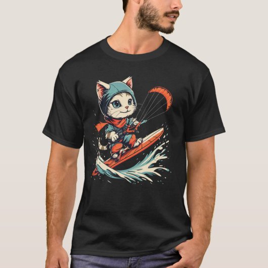 カイトボードに乗ったカイトボーダー猫 Tシャツ (正面)