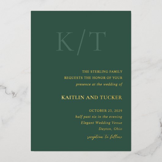 カイトリンハンターグリーンはっきりしたモノグラムエレガントな結婚式 箔招待状 (正面)