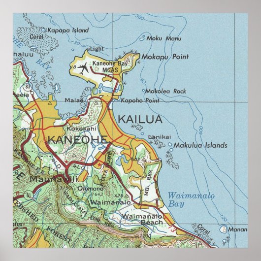 カイルアとカネオヘオアフのヴィンテージの地図 ポスター (正面)