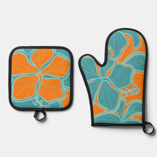 カイルアハイビスカスハワイアンフローラオレンジティール（緑がかった色） 鍋つかみ&鍋敷きセット (正面)