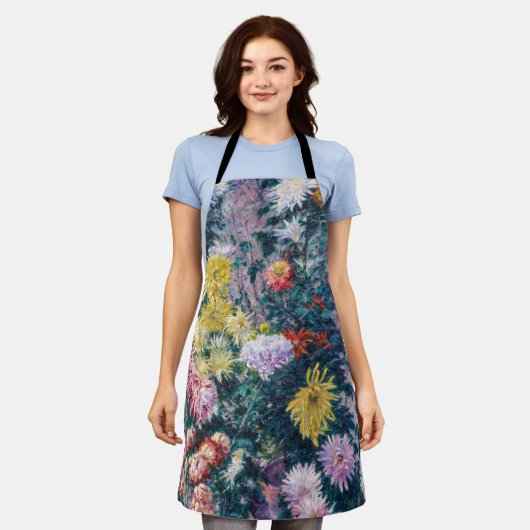 カイレボッテ – 白と黄色の菊 エプロン (着用した状態)