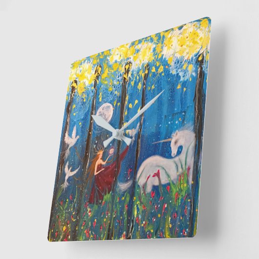 カイロスウーマンとユニコーンの森ファンタジーアート スクエア壁時計 (傾斜)