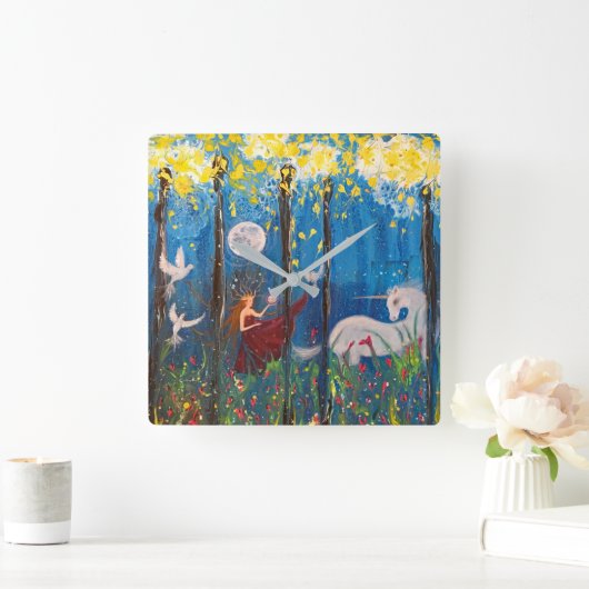 カイロスウーマンとユニコーンの森ファンタジーアート スクエア壁時計 (ホーム)