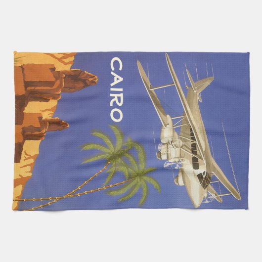 カイロ、エジプトへのヴィンテージ旅行、複葉機 キッチンタオル (横)