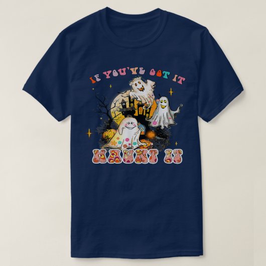 カウおもしろいイ幽霊パンプキ幽霊のよく出るンハウスハロウィン Tシャツ (デザイン正面)