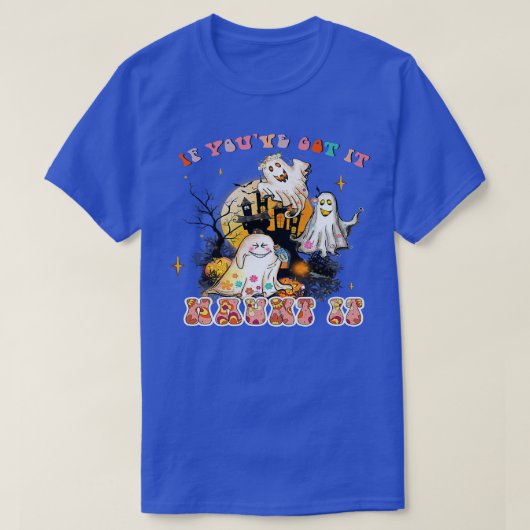 カウおもしろいイ幽霊パンプキ幽霊のよく出るンハウスハロウィン Tシャツ (デザイン正面)