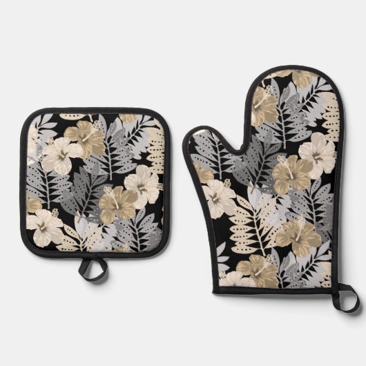 カウアイジャングルハワイアンハイビスカスアンドパームズニュートラル 鍋つかみ&鍋敷きセット (正面)