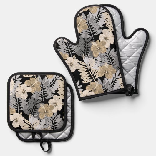 カウアイジャングルハワイアンハイビスカスアンドパームズニュートラル 鍋つかみ&鍋敷きセット (正面/裏面)