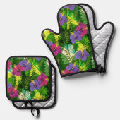 カウアイジャングルハワイアンハイビスカスアンドパームズブリツズ 鍋つかみ&鍋敷きセット (正面/裏面)