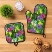 カウアイジャングルハワイアンハイビスカスアンドパームズブリツズ 鍋つかみ&鍋敷きセット (トップダウン)