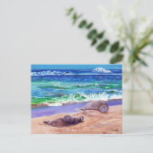 カウアイハワイアンモンクシールズオンポイプビーチハガキ ポストカード (スタンド正面)