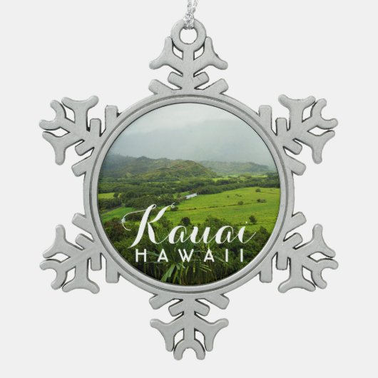 カウアイハワイヒルズランドスケープ スノーフレークピューターオーナメント (正面)