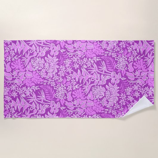 カウアイモーニングハワイアンプロテアフローラバイオレット ビーチタオル (正面)