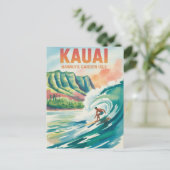カウアイ島のサーフィンの水彩画 ポストカード (スタンド正面)