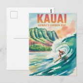 カウアイ島のサーフィンの水彩画 ポストカード (正面/裏面)