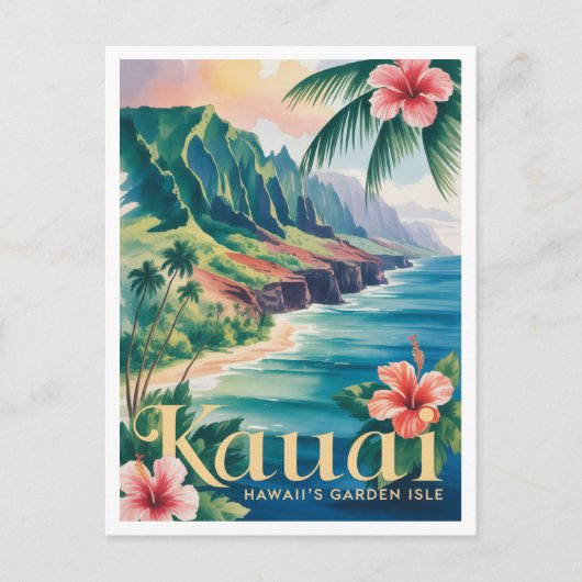 カウアイ島のビンテージ水彩画 ポストカード (正面)