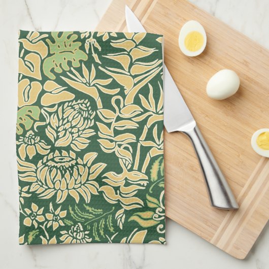 カウアイ島の朝のハワイのプロテアの花柄 キッチンタオル (四つ折り)