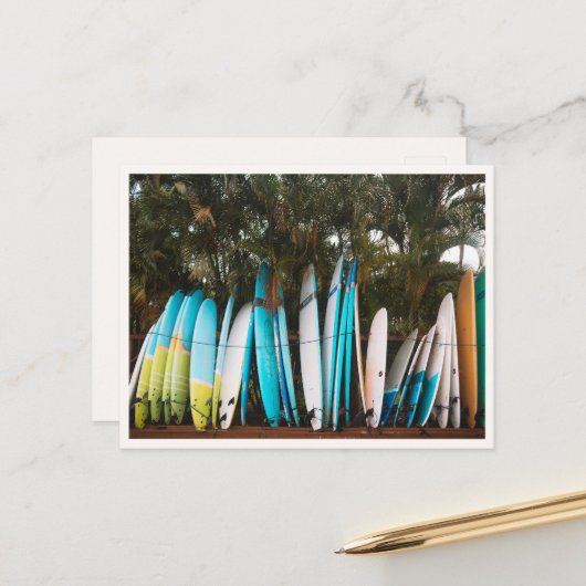 カウアイ島ハナレイ・ビーチのレトロサーフボード ポストカード (正面/裏面インサイチュ)