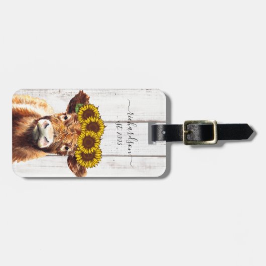 カウウィズサンフラワークラウンファームハウススタイルトートバッグ ラゲッジタグ (正面横)