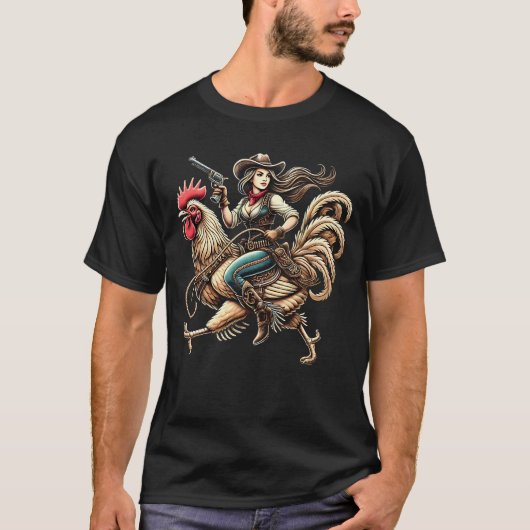 カウガールに騎乗するニワトリ ロースター愛好家 ヴィンテージ Tシャツ (正面)