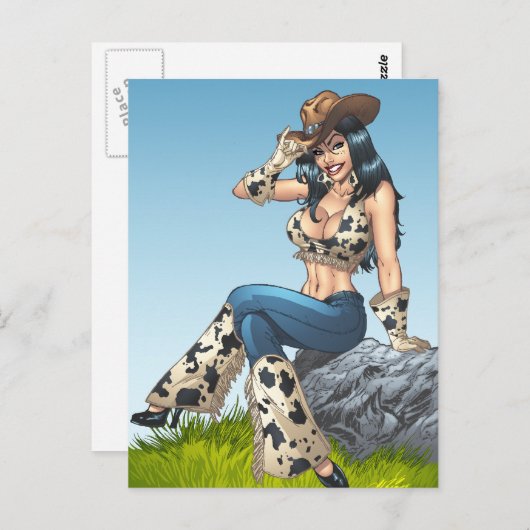 カウガールのコウボーイ帽をかぶったイラスト ポストカード (正面/裏面)