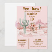 カウガールのピンクの誕生日パーティー招待状（西部劇風デザイン） 招待状 (正面/裏面)
