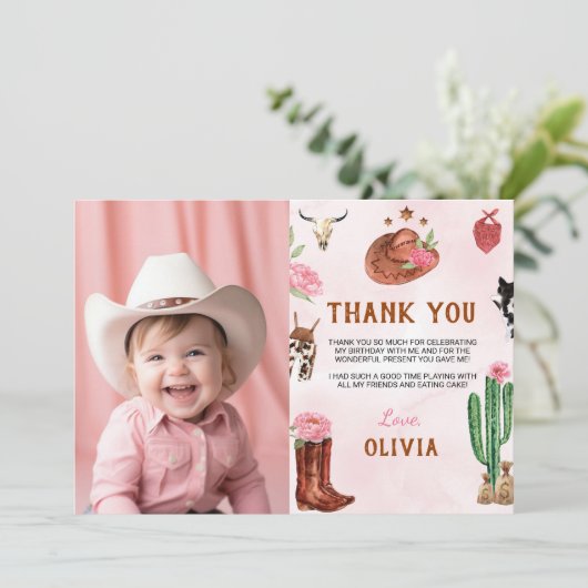 カウガールのロデオの誕生日写真の感謝カード サンキューカード (スタンド正面)