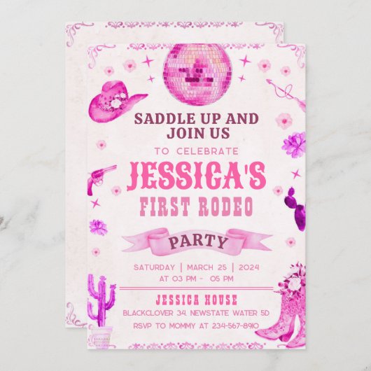 カウガールの初めてのロデオパーティー招待状 招待状 (正面/裏面)