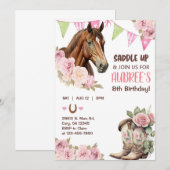 カウガールの茶色の馬に乗って、誕生日の女の子の招待状 招待状 (正面/裏面)