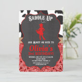 カウガールの誕生日招待状 ブラック レッド 牛柄 招待状 (スタンド正面)