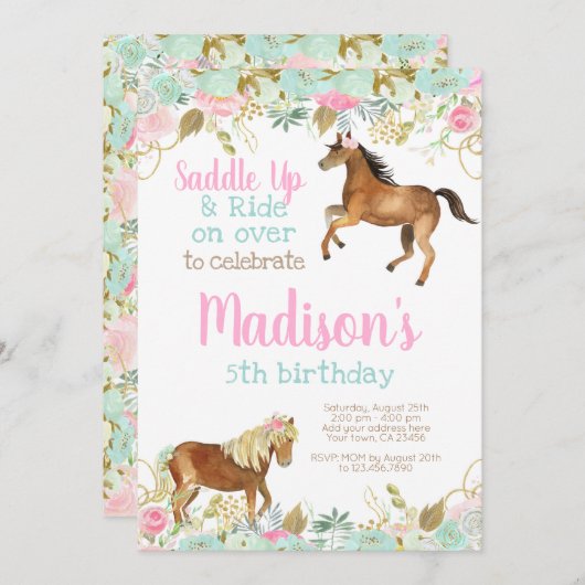 カウガールの馬の誕生日招待状 招待状 (正面/裏面)