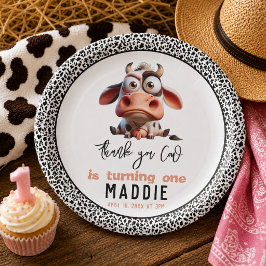 カウガールの1歳の誕生日おめでとう Holy Cow Caricatures ペーパープレート