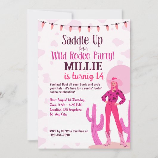 カウガールカントリーコケット ウェスタン バースデー インビテーション (正面)