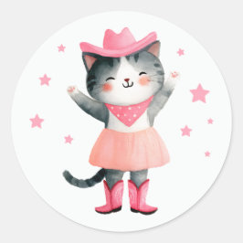 カウガールキャット パステルピンク かわいい水彩画 ウエスタン ラウンドシール