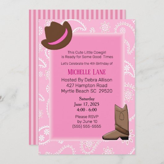 カウガールブーツアンドハット誕生日 招待状 (正面/裏面)