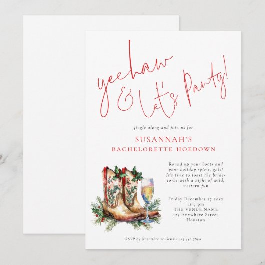 カウガールブーツ バブルリークリスマス バチェロレッテパーティー 招待状 (正面/裏面)
