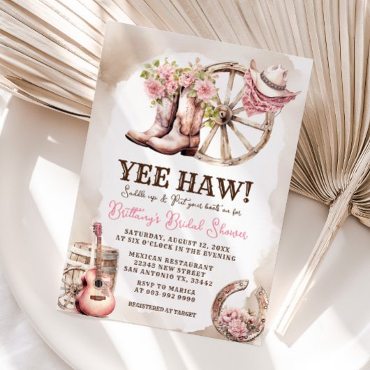 カウガールブーツ フラワーのあるウェスタン ブライダルシャワー 招待状