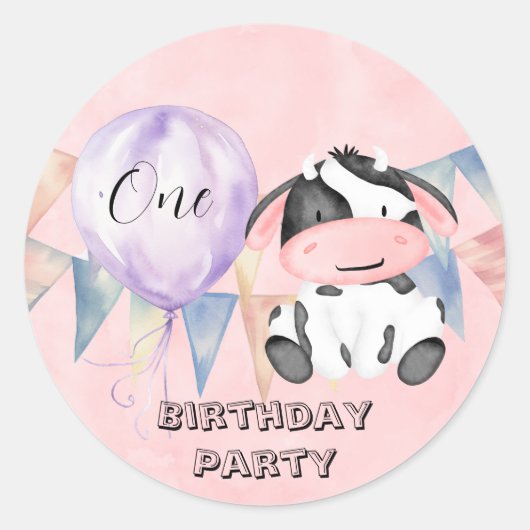 カウガールモー1歳の誕生日パーティー ラウンドシール (正面)