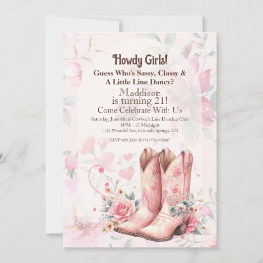 カウガール誕生日ラインダンス 招待状 (正面)