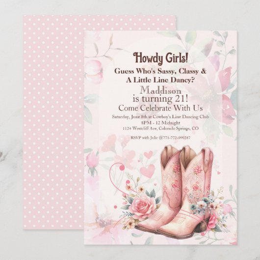 カウガール誕生日ラインディンス 招待状 (正面/裏面)