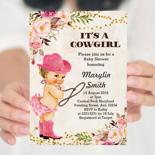 カウガール風の白いベビーシャワーカード 招待状