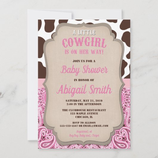 カウガール ウェスタン ピンクとブラウンの女の子のベイビーシャワー 招待状 (正面)