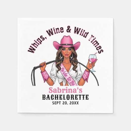 カウガール・バチェロレッテ・パーティーの鞭とワイン&ワイルドタイムズ スタンダードカクテルナプキン (正面)